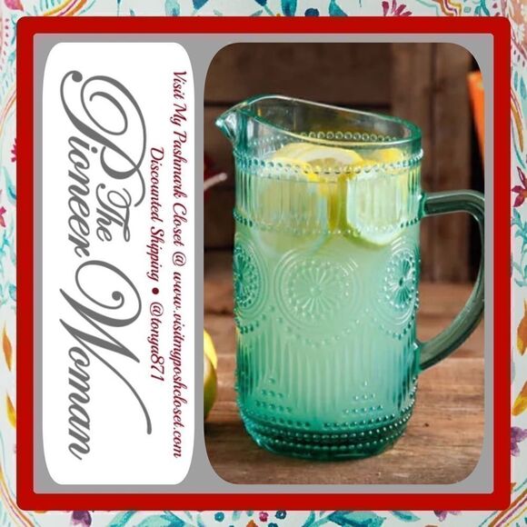 🦋 New Pioneer Woman Adeline Turquoise Blue Glass 54 oz Water Pitcher - Picture 5 of 12